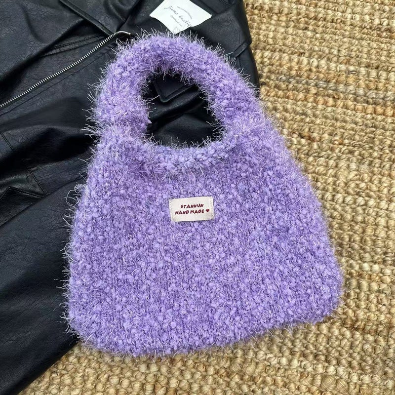 Hairy Knitted Handbag Cute Bucket Bag Solid Color All-Match Hand Bag Soft Waxy Touch - Image 5
